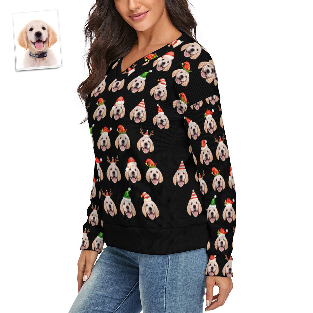 Custom Face Women V-Neck Christmas Pet Theme Sweater Spandex Comfortable - MyFaceSocksEU