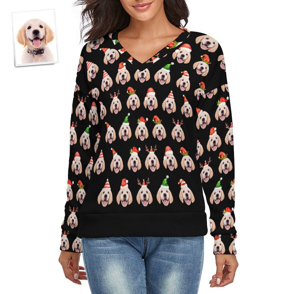 Custom Face Women V-Neck Christmas Pet Theme Sweater Spandex Comfortable - MyFaceSocksEU