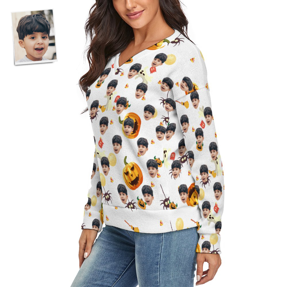 Custom Face Women V-Neck Halloween Sweater Halloween Pumpkin Theme Spandex Comfortable - MyFaceSocksEU