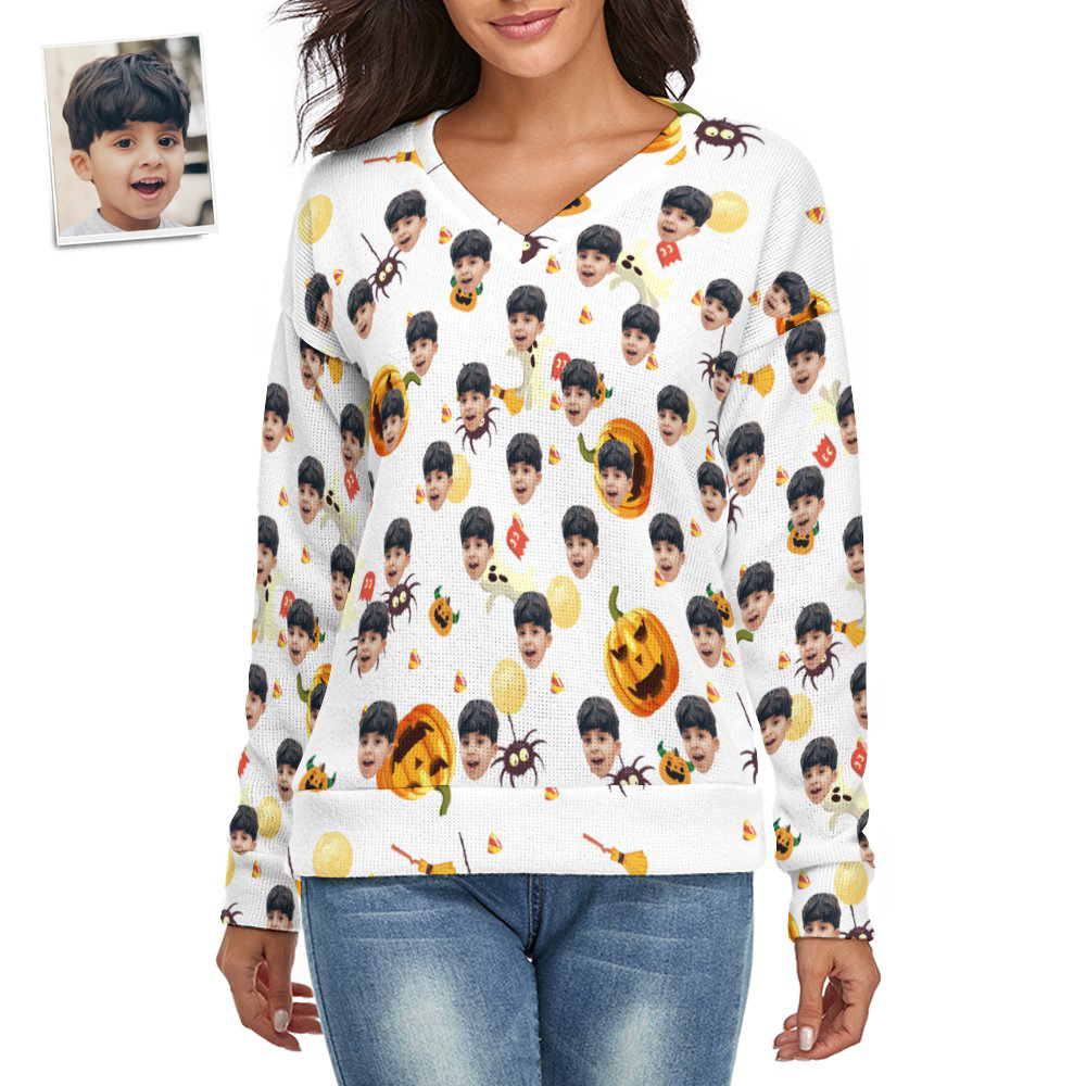 Custom Face Women V-Neck Halloween Sweater Halloween Pumpkin Theme Spandex Comfortable - MyFaceSocksEU