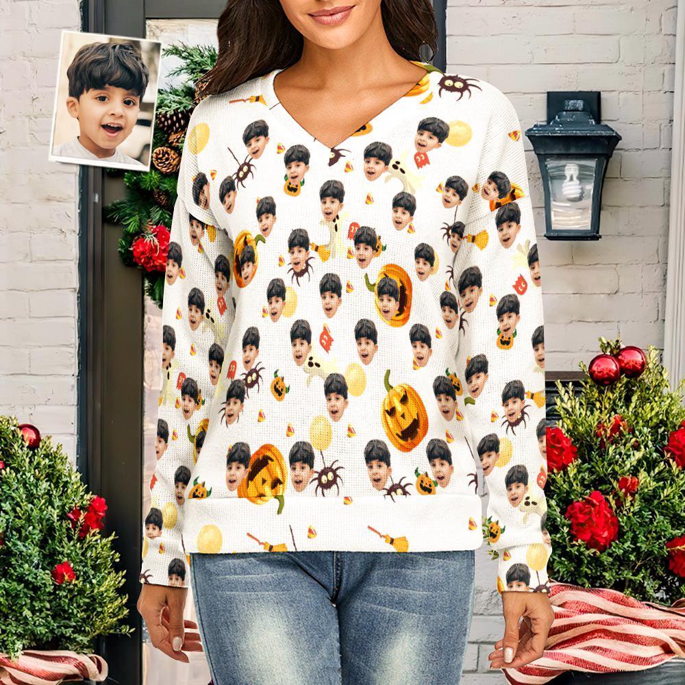 Custom Face Women V-Neck Halloween Sweater Halloween Pumpkin Theme Spandex Comfortable - MyFaceSocksEU