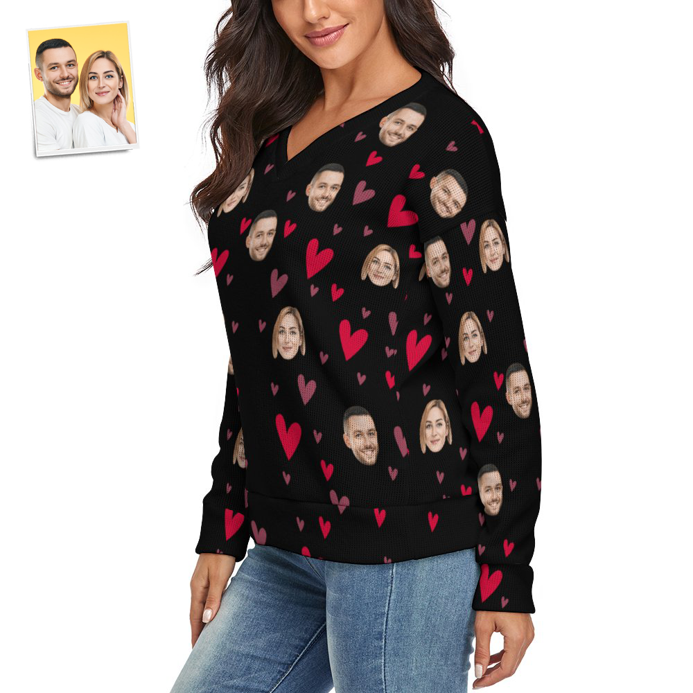 Custom Face Women V-Neck Sweater With Little Heart Couple Theme Spandex Comfortable - MyFaceSocksEU