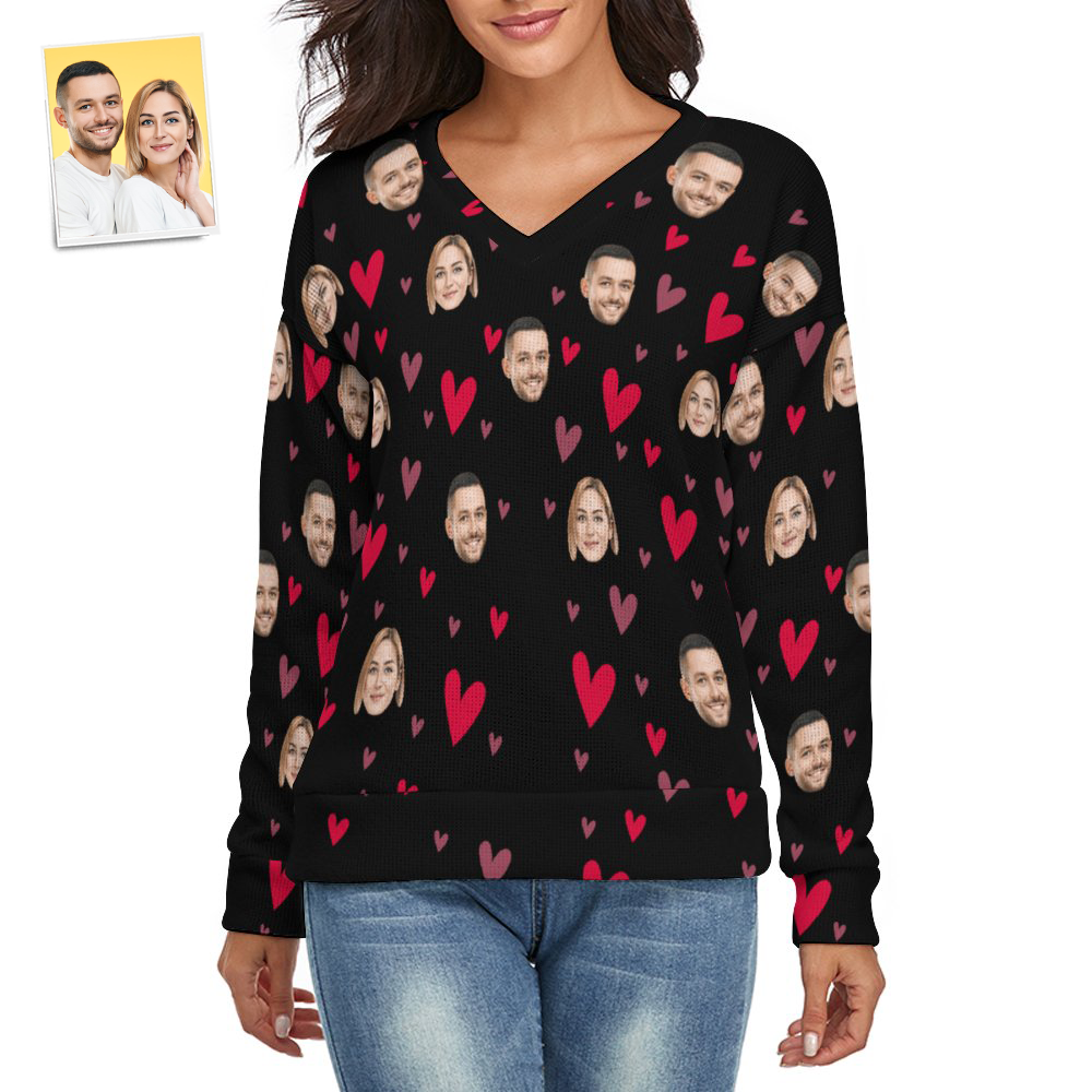 Custom Face Women V-Neck Sweater With Little Heart Couple Theme Spandex Comfortable - MyFaceSocksEU
