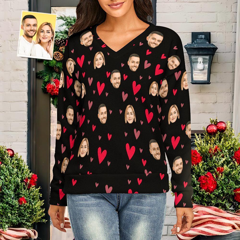 Custom Face Women V-Neck Sweater With Little Heart Couple Theme Spandex Comfortable - MyFaceSocksEU