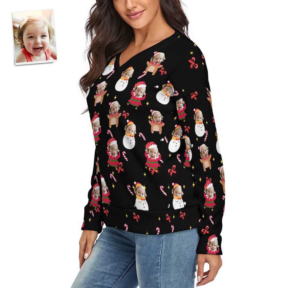 Custom Face Women V-Neck Christmas Sweater Lively And lovely Spandex Comfortable - MyFaceSocksEU
