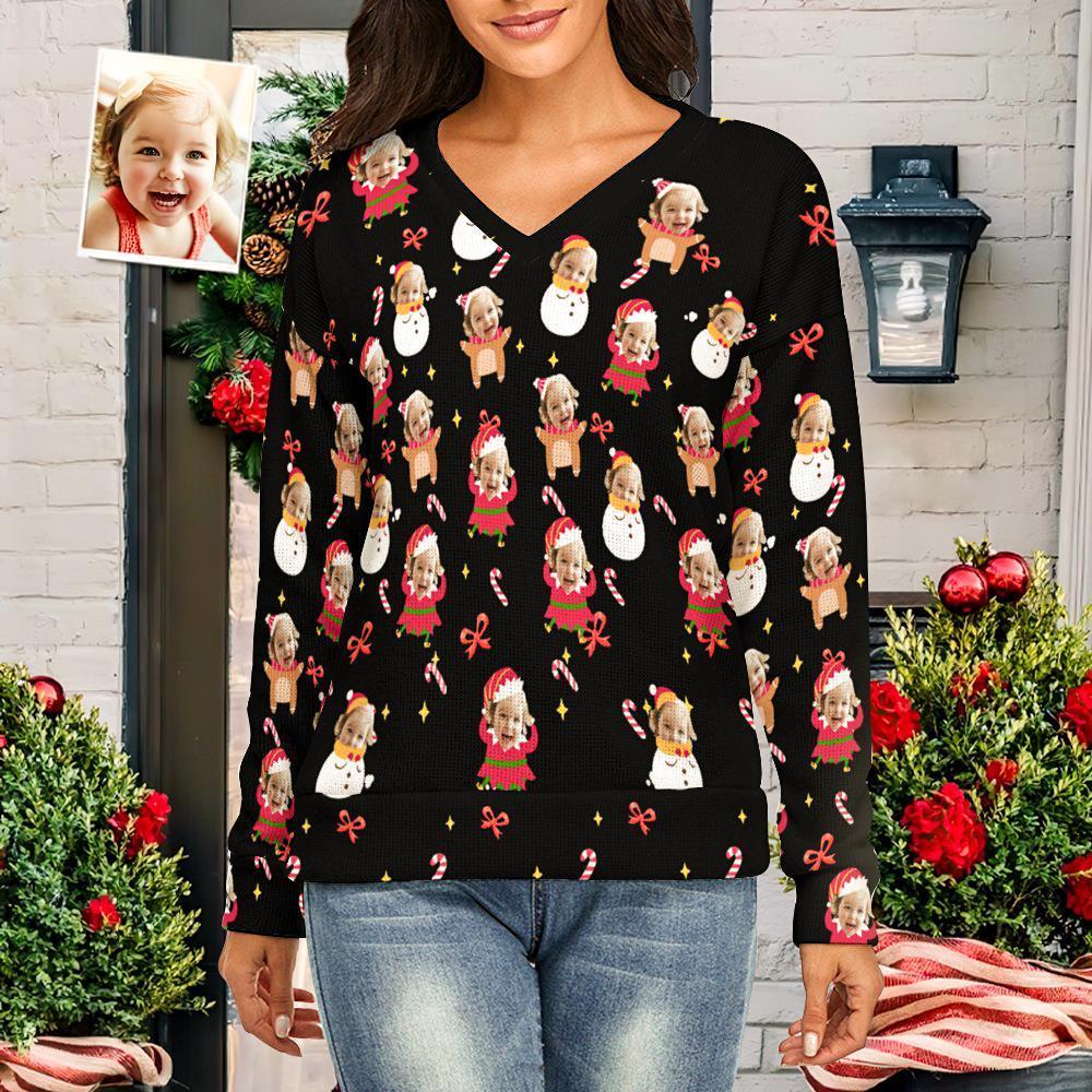 Custom Face Women V-Neck Christmas Sweater Lively And lovely Spandex Comfortable - MyFaceSocksEU