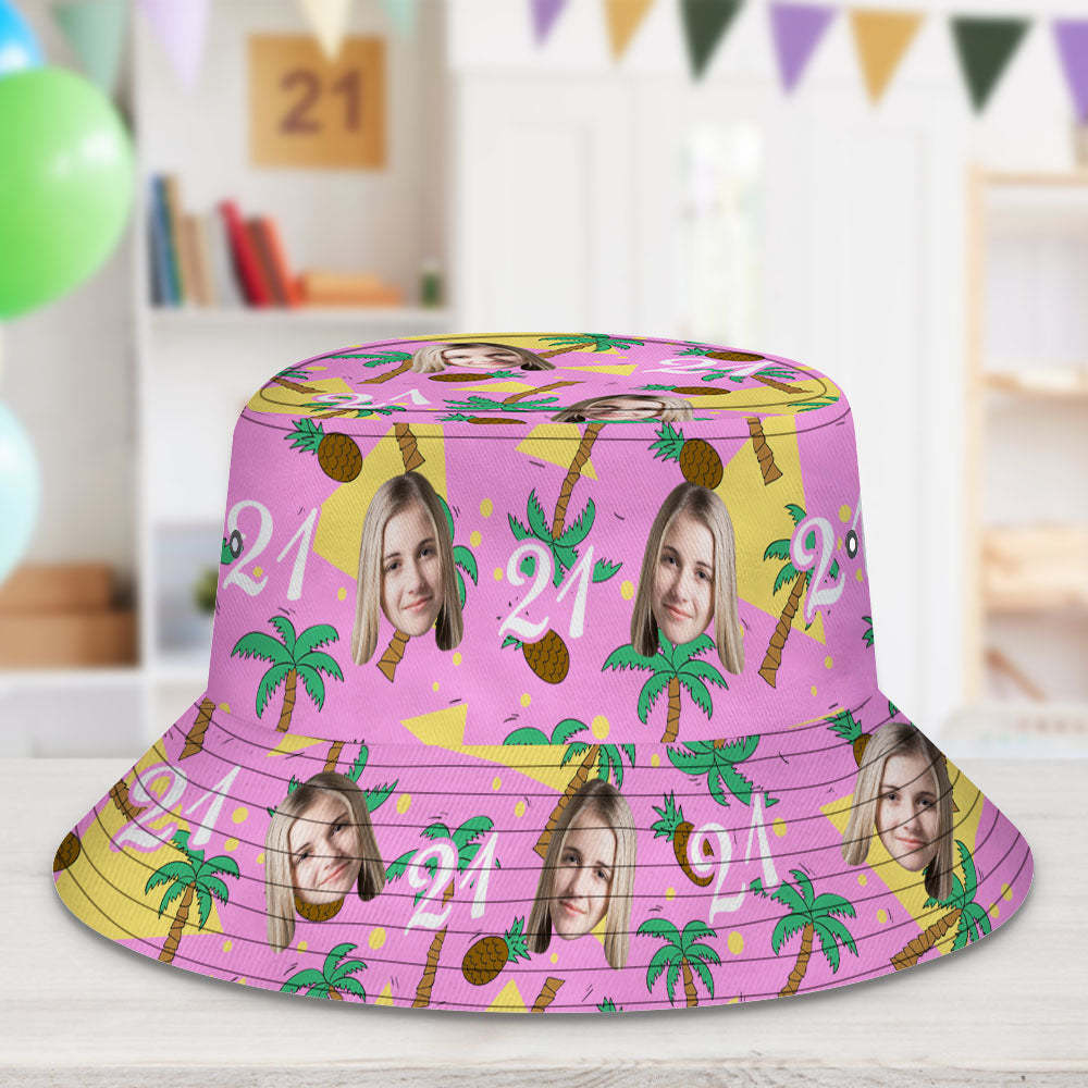 Custom Multi-color Face and Numbers BucketHat Coconut Tree and Pineapple Gift for Men - MyFaceSocksEU