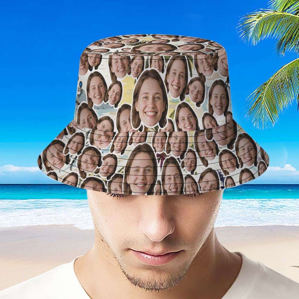 Custom Face Bucket Hat Unisex Face Mash Personalized Outdoor Summer Blue Hawaiian Hats Gift - myfacesockseu