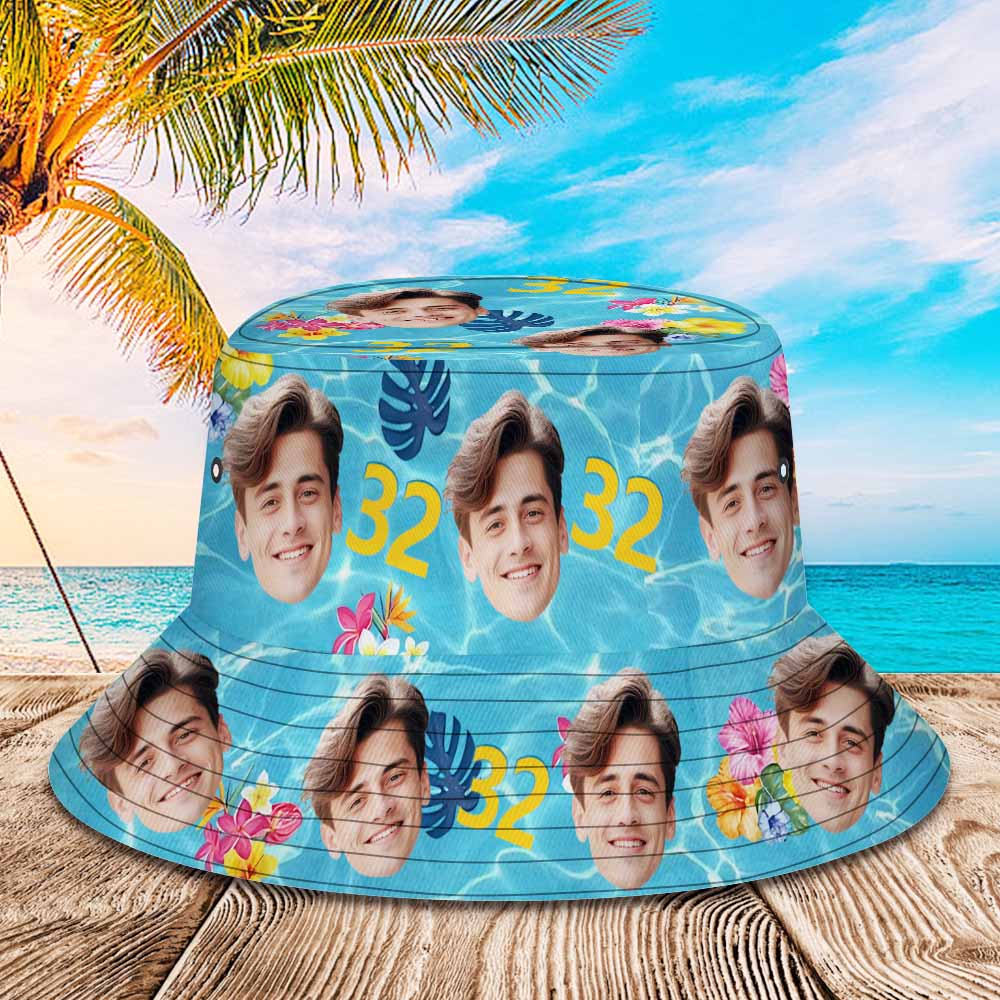 Custom Face Birthday Bucket Hat Unisex Face Personalized Outdoor Summer Age and Birthday Hawaiian Hats Gift