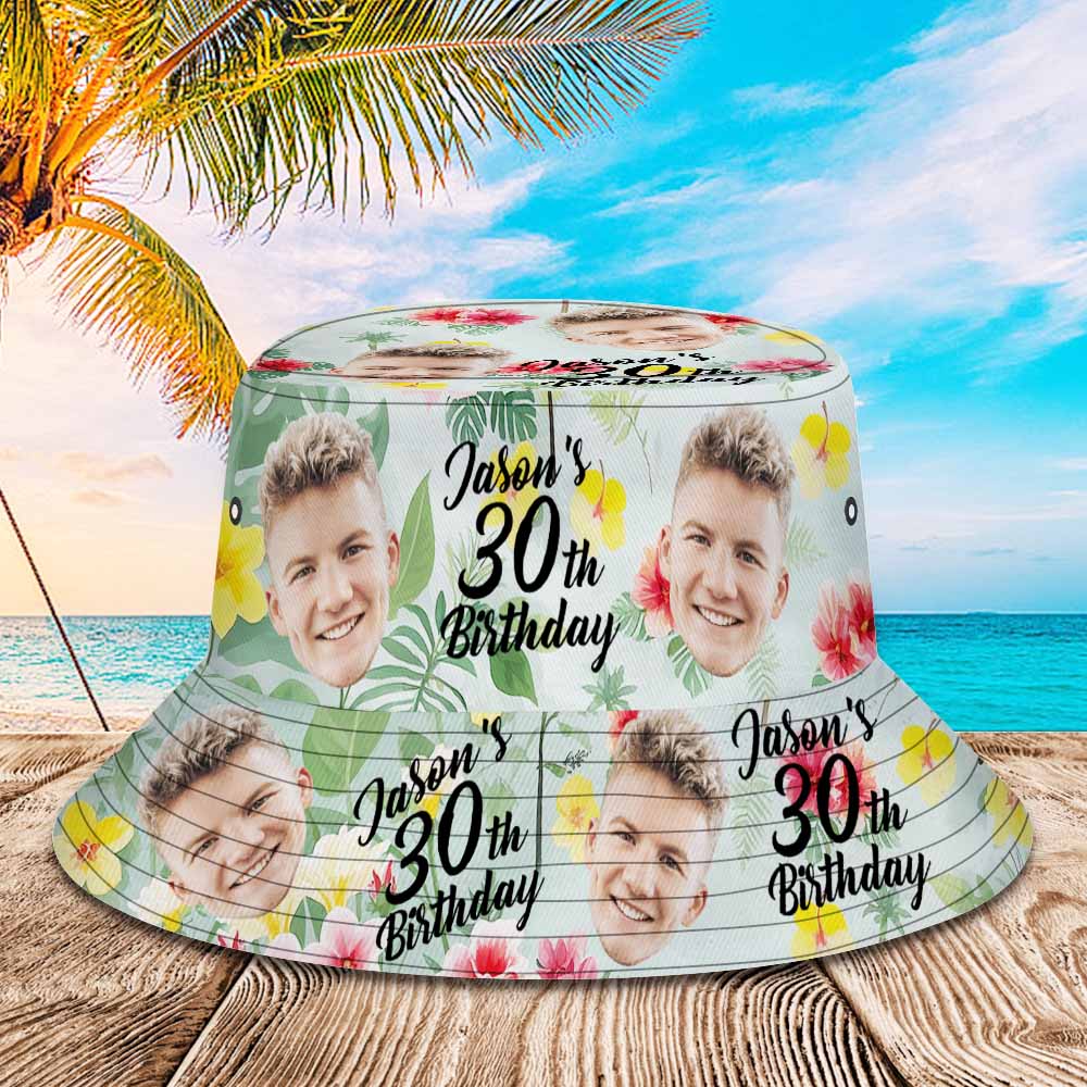 Custom Face Birthday Light Green Bucket Hat Unisex Face Personalized Outdoor Summer Age and Birthday Hawaiian Hats Gift