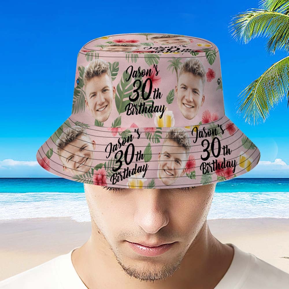 Custom Face Birthday Blue Bucket Hat Unisex Face Personalized Outdoor Summer Age and Birthday Hawaiian Hats Gift - myfacesockseu