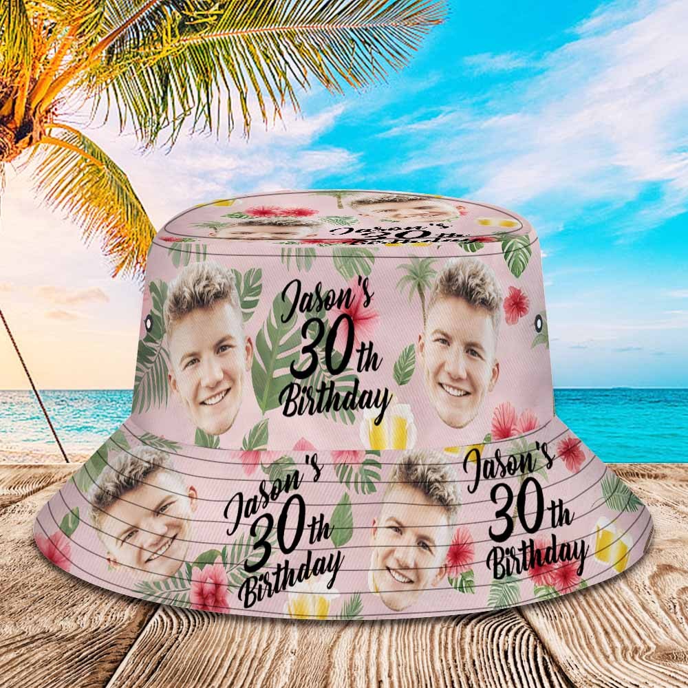 Custom Face Birthday Blue Bucket Hat Unisex Face Personalized Outdoor Summer Age and Birthday Hawaiian Hats Gift - myfacesockseu