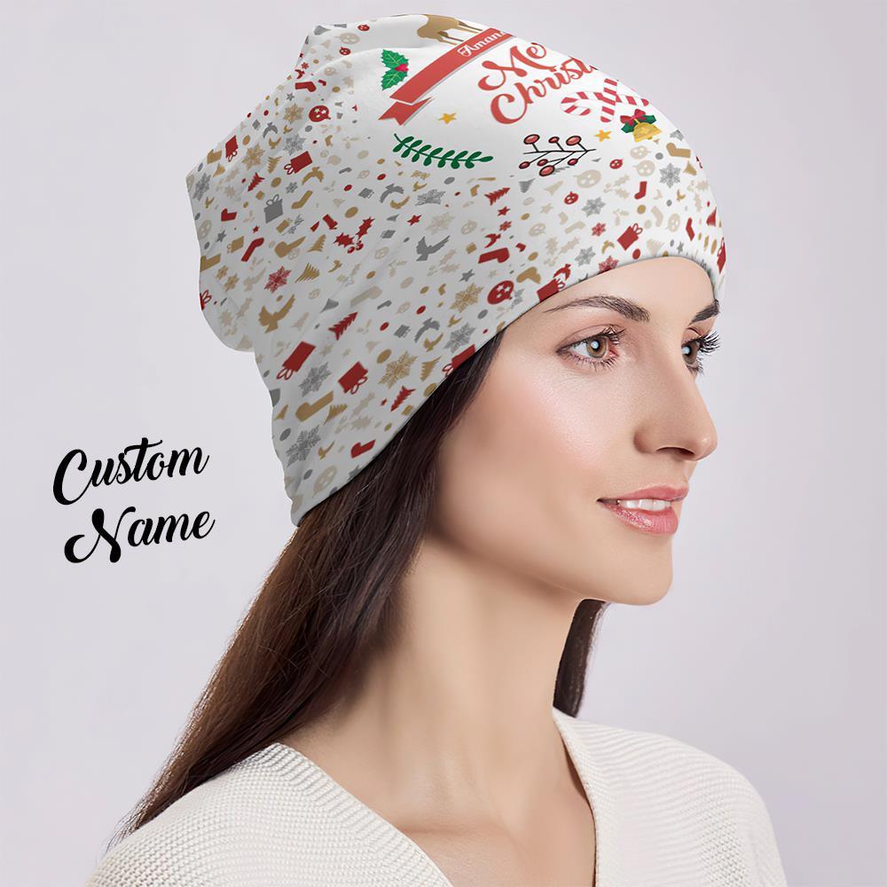 Custom Full Print Pullover Cap with Text Personalized Beanie Hats Christmas Gift for Her - Merry Chrstmas - MyFaceSocksEU