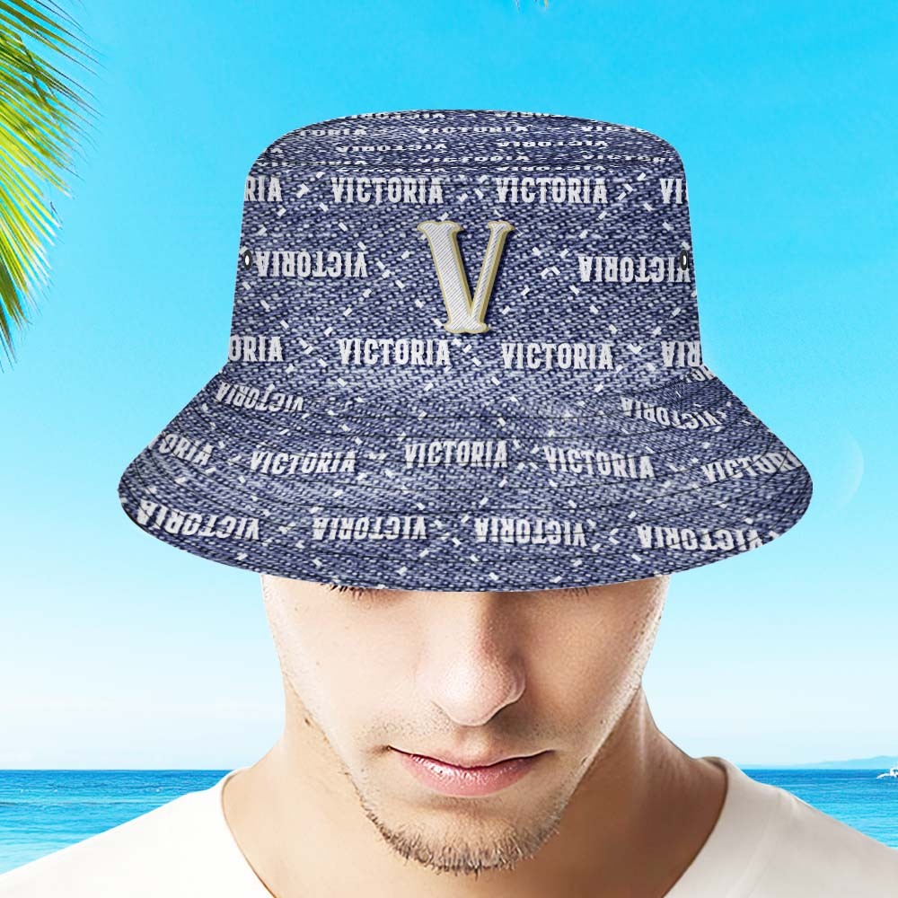 Custom Bucket Hat Unisex Blue Denim Style Fisherman Hat Personalized Your Name - MyFaceSocksEU