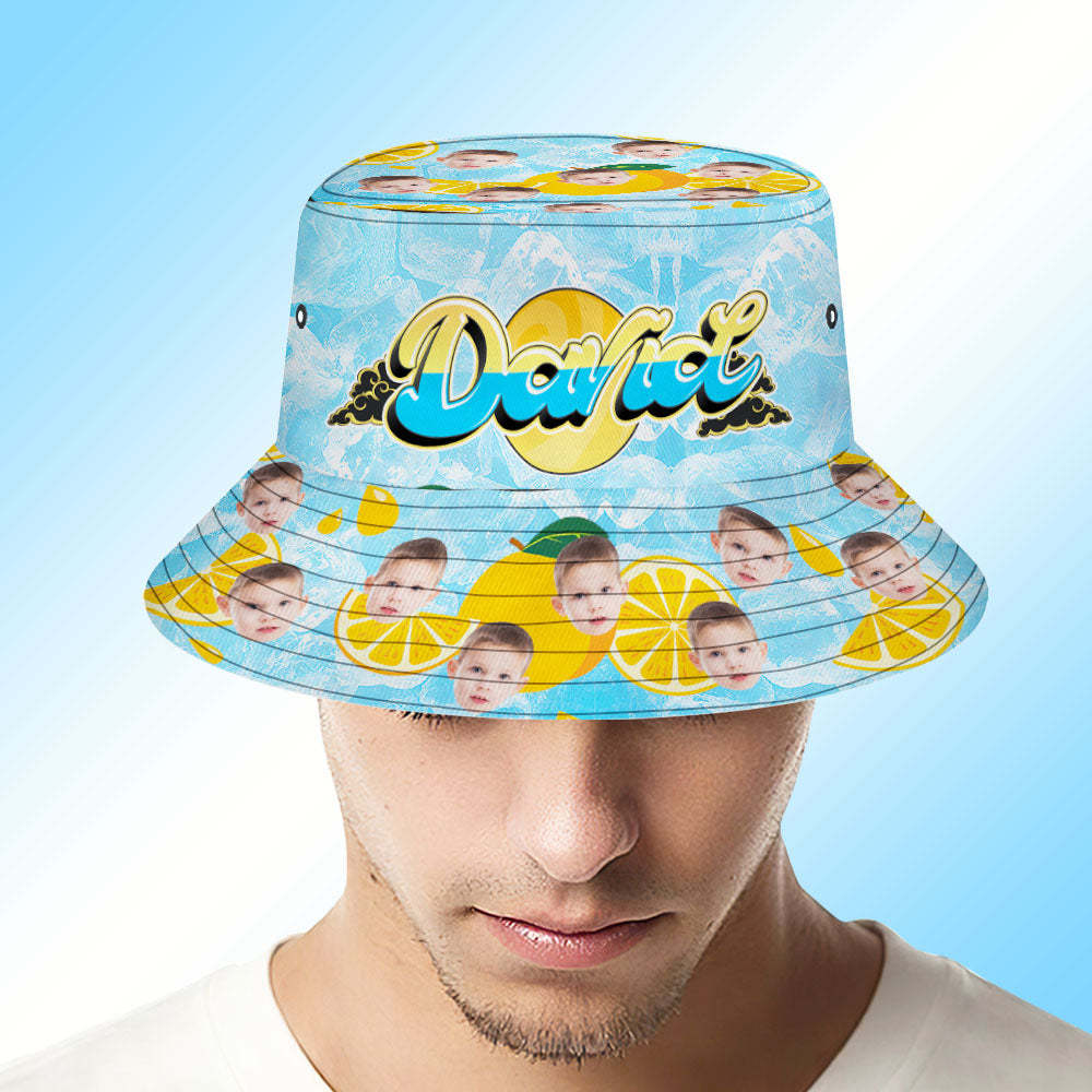 Custom Bucket Hat Unisex Face Bucket Hats Personalized Photo and Name Summer Blue Hats - MyFaceSocksEU