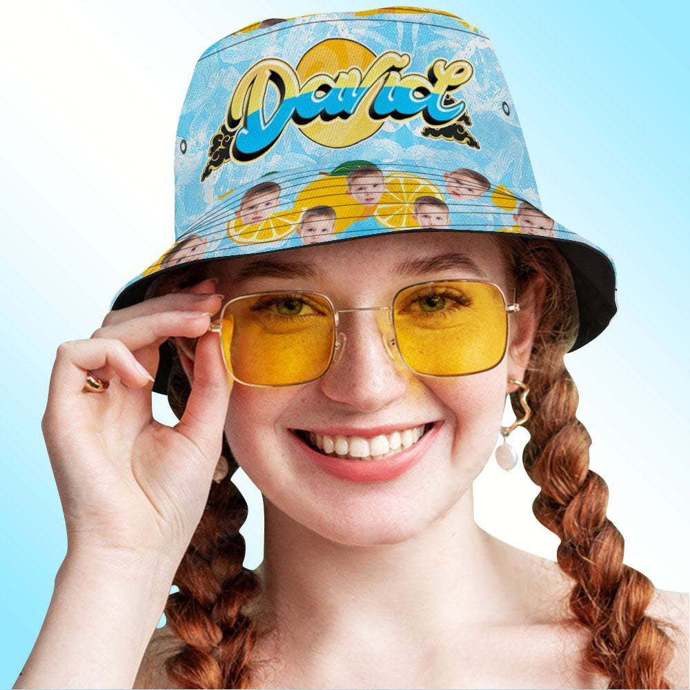 Custom Bucket Hat Unisex Face Bucket Hats Personalized Photo and Name Summer Blue Hats - MyFaceSocksEU