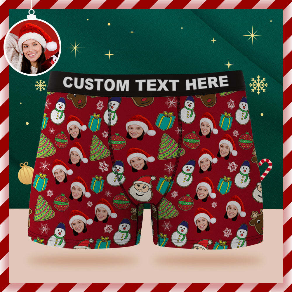 Custom Face Boxer Briefs Personalized Red Underwear Santa Claus Snowman and Elk Merry Christmas Gift for Him - MyFaceSocksEU