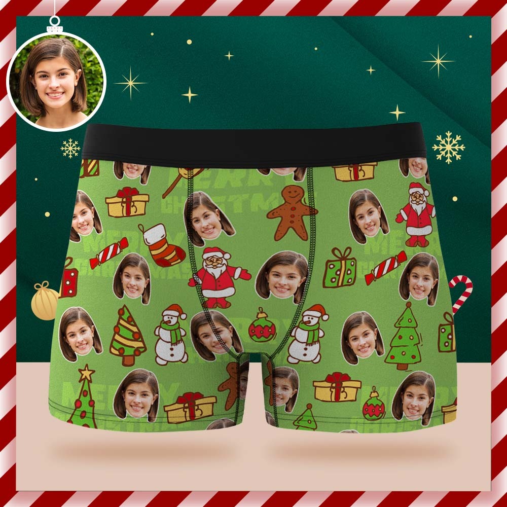 Custom Face Boxer Briefs Personalized Green Underwear Christmas Gift for Him - MyFaceSocksEU