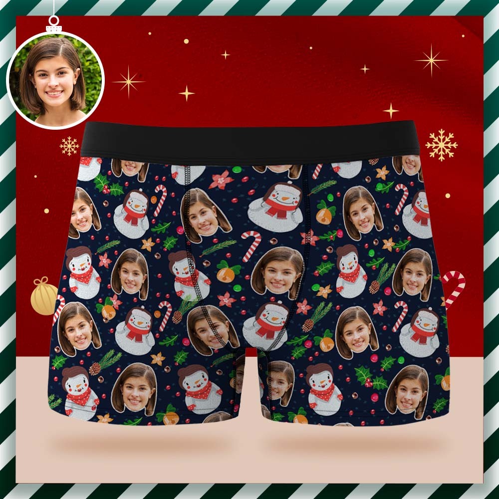 Custom Face Boxer Briefs Personalized Underwear Cute Snowman Christmas Gift for Him - MyFaceSocksEU