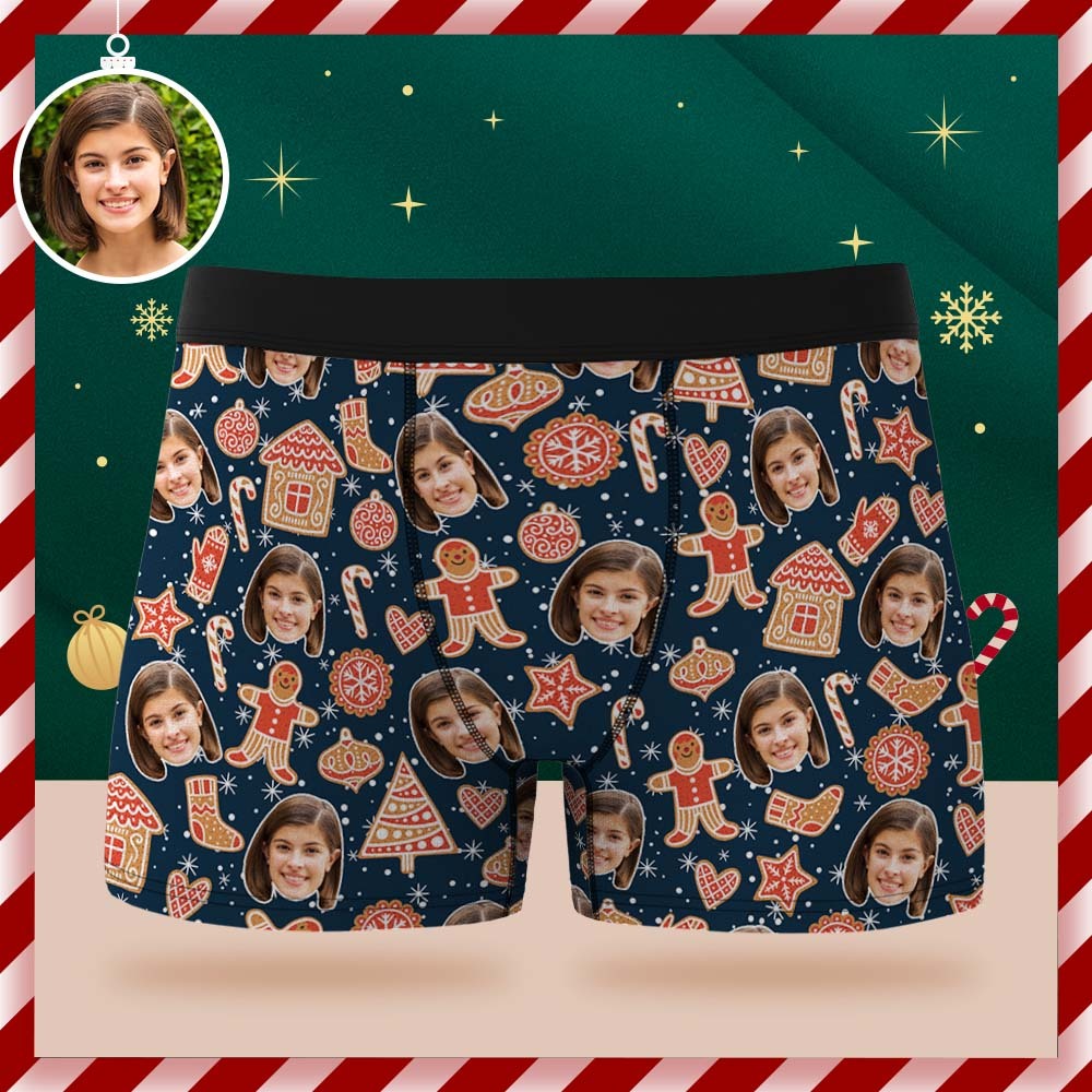 Custom Face Boxer Briefs Personalized Christmas Gingerbread Underwear Christmas Gift for Him - MyFaceSocksEU