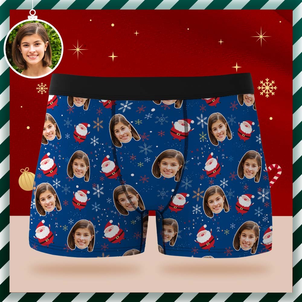 Custom Face Boxer Briefs Personalized Blue Underwear Funny Snowman Christmas Gift for Him - MyFaceSocksEU