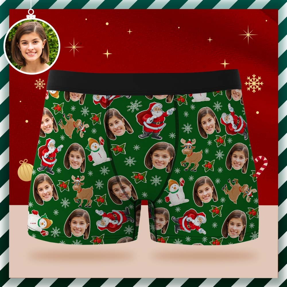 Custom Face Boxer Briefs Personalized Green Underwear Santa Claus and Snowman Christmas Gift for Him - MyFaceSocksEU