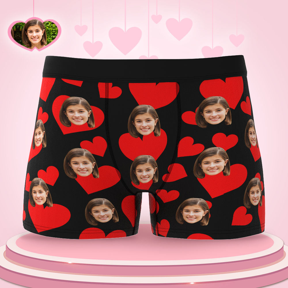 Custom Face Boxer Briefs Personalized Underwear  Red Hearts  Valentine's Day Gifts for Him