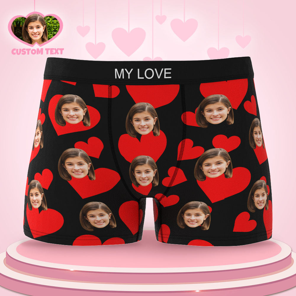 Custom Face Boxer Briefs Personalized Underwear  Red Hearts  Valentine's Day Gifts for Him