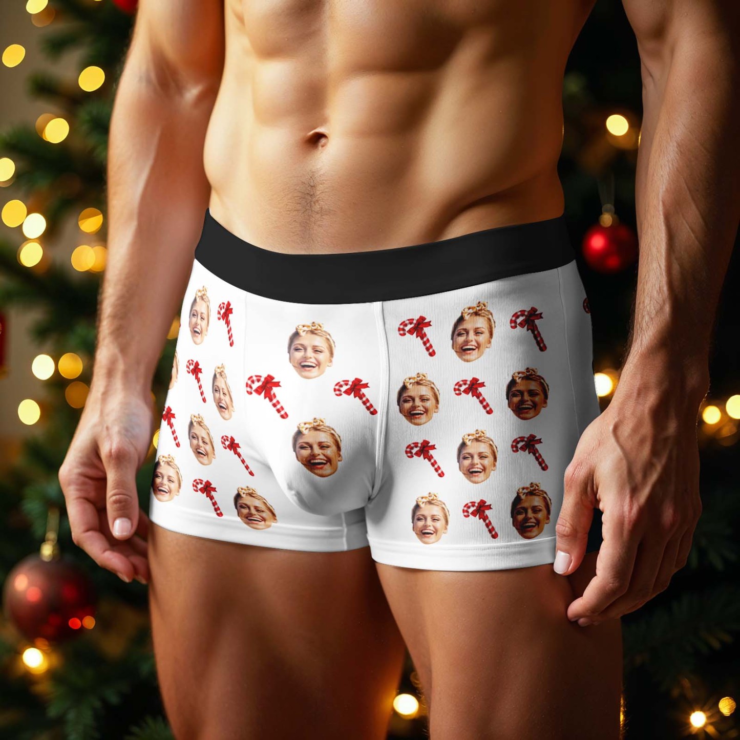 Personalized Face Boxer Men Underwear Christmas Gift Christmas Cane Boxer Personalized Photo Funny Men Boxer Gift - myfacesockseu