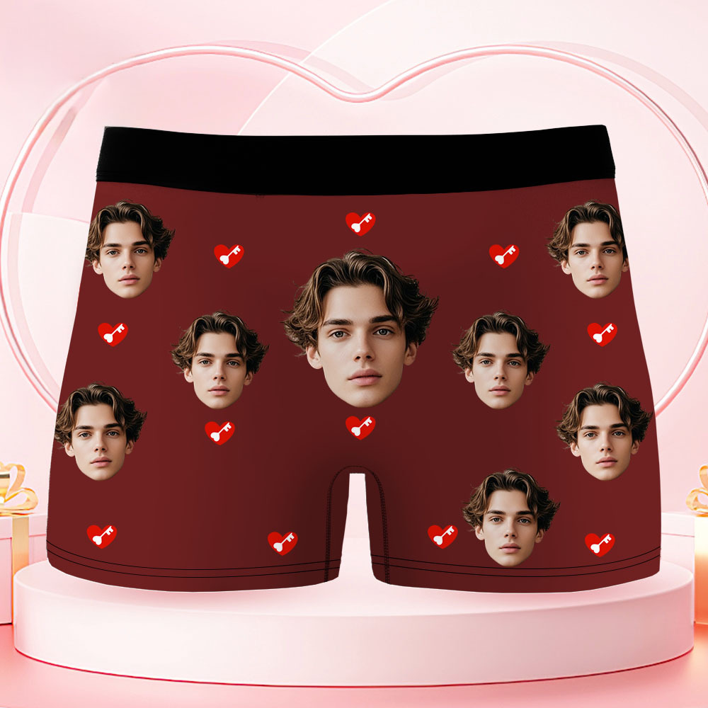 Custom Face Men's Boxer Underwear HER KEY Red Lips And Key Boxer Gift Personalized Photo Funny Men's Boxer Briefs - myfacesockseu