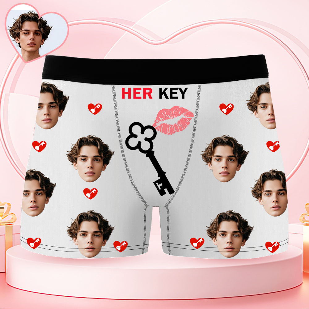 Custom Face Men's Boxer Underwear HER KEY Red Lips And Key Boxer Gift Personalized Photo Funny Men's Boxer Briefs - myfacesockseu