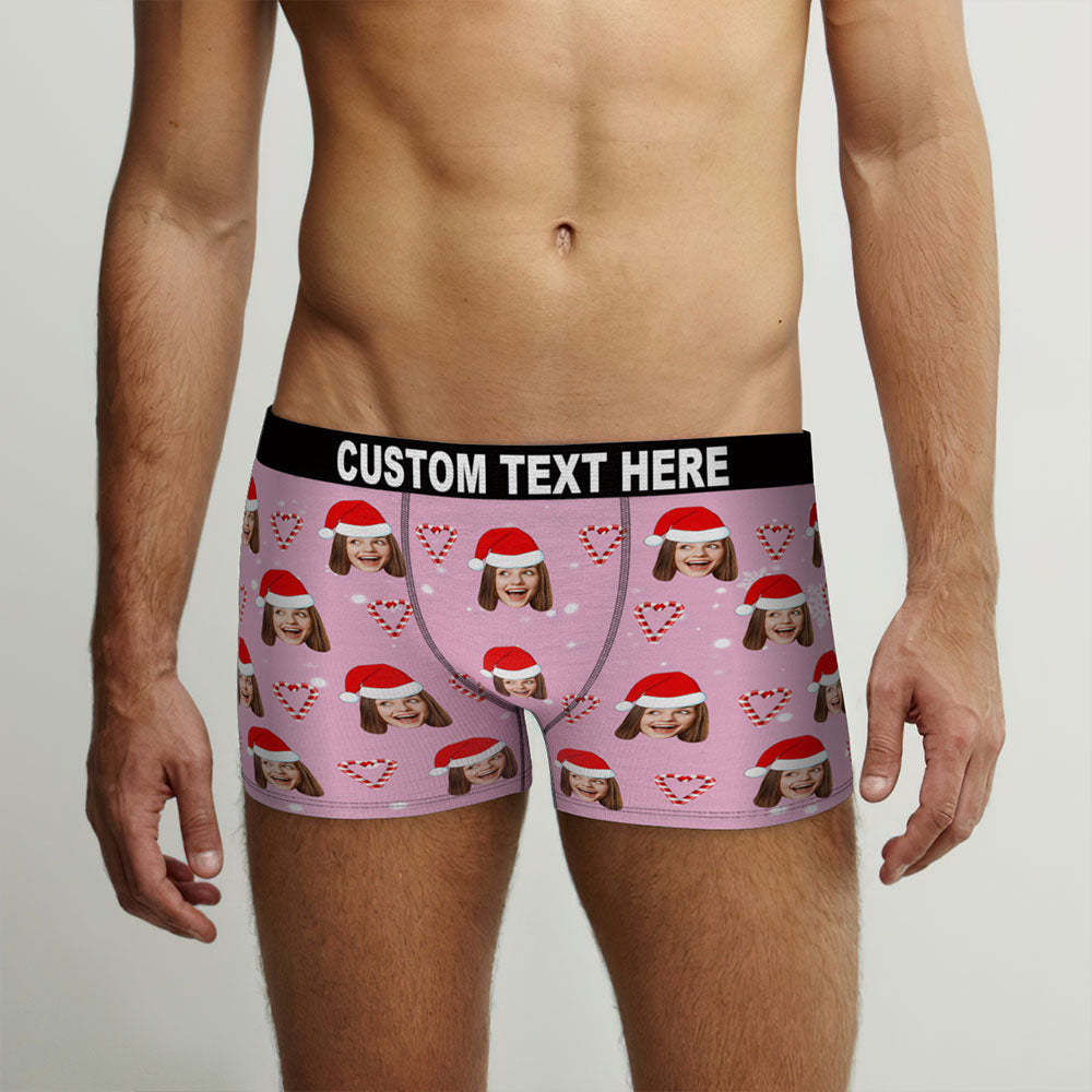 Custom Face Pink Christmas Candy Boxer Briefs Personalised Pink Christmas Gift - MyFaceSocksEU