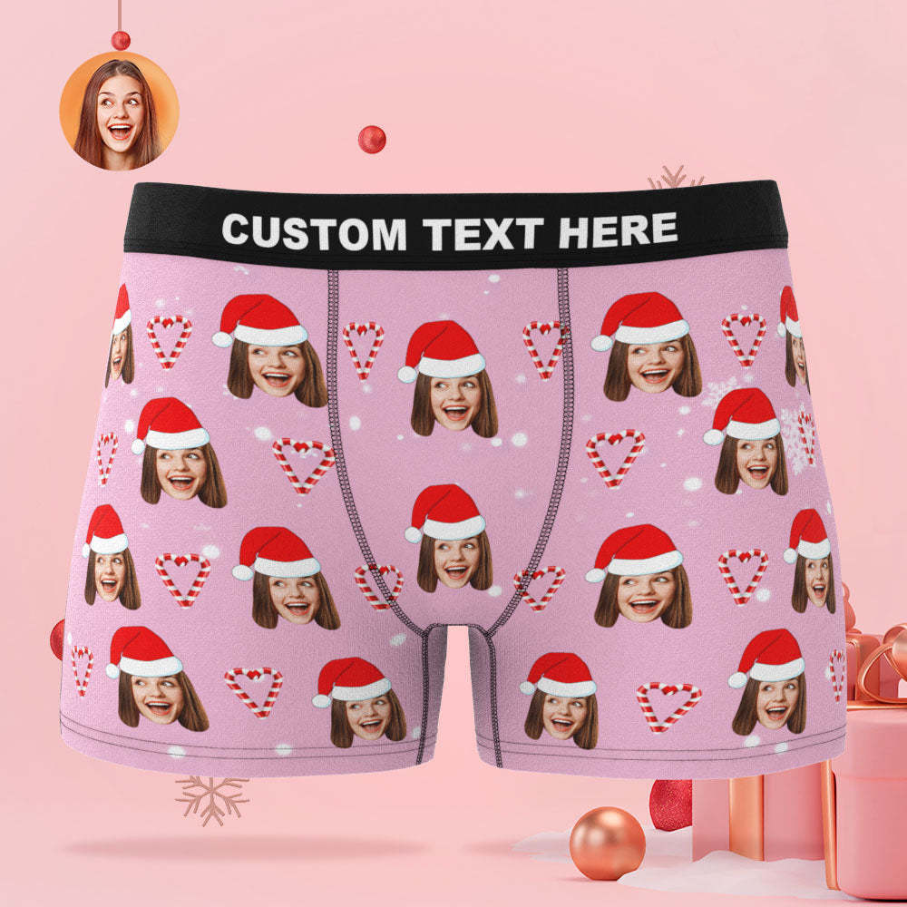 Custom Face Pink Christmas Candy Boxer Briefs Personalised Pink Christmas Gift - MyFaceSocksEU