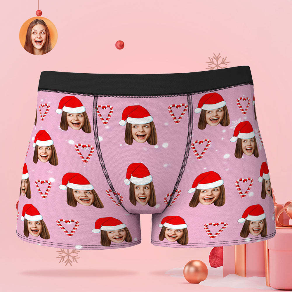 Custom Face Pink Christmas Candy Boxer Briefs Personalised Pink Christmas Gift - MyFaceSocksEU