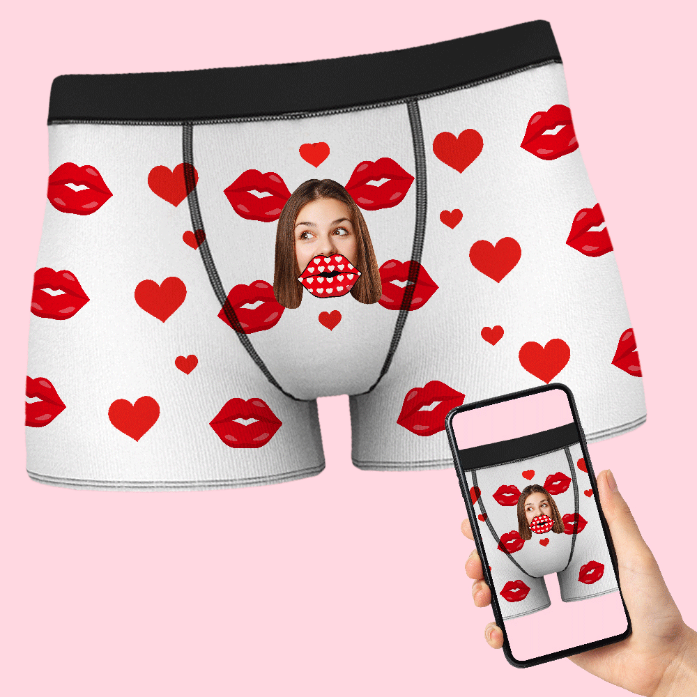 Custom Face Heart Boxer AR View Personalized Funny Lips Boxer Shorts Valentine's Day Gift - MyFaceSocksEU