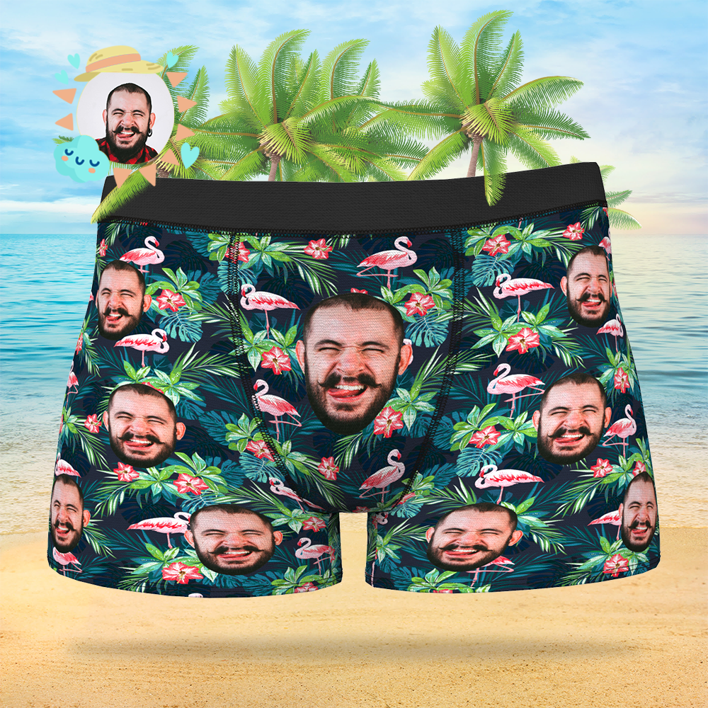 Custom Face On Boxer Shorts Men's Gifts Photo Boxer Briefs - Leaves & Flamingo - MyFaceSocksEU