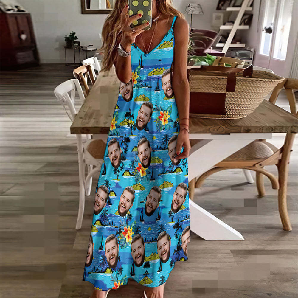 Custom Face Hawaiian Style Vice City Large Leaves Long Dress And Shirt Family Matching - MyFaceSocks