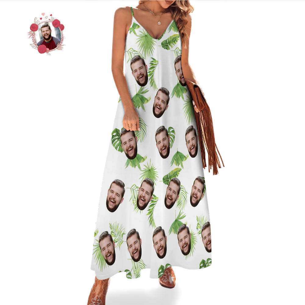 Custom Face Hawaiian Style Fresh Palm Leaves Long Dress And Shirt Couple Outfit - MyFaceSocks