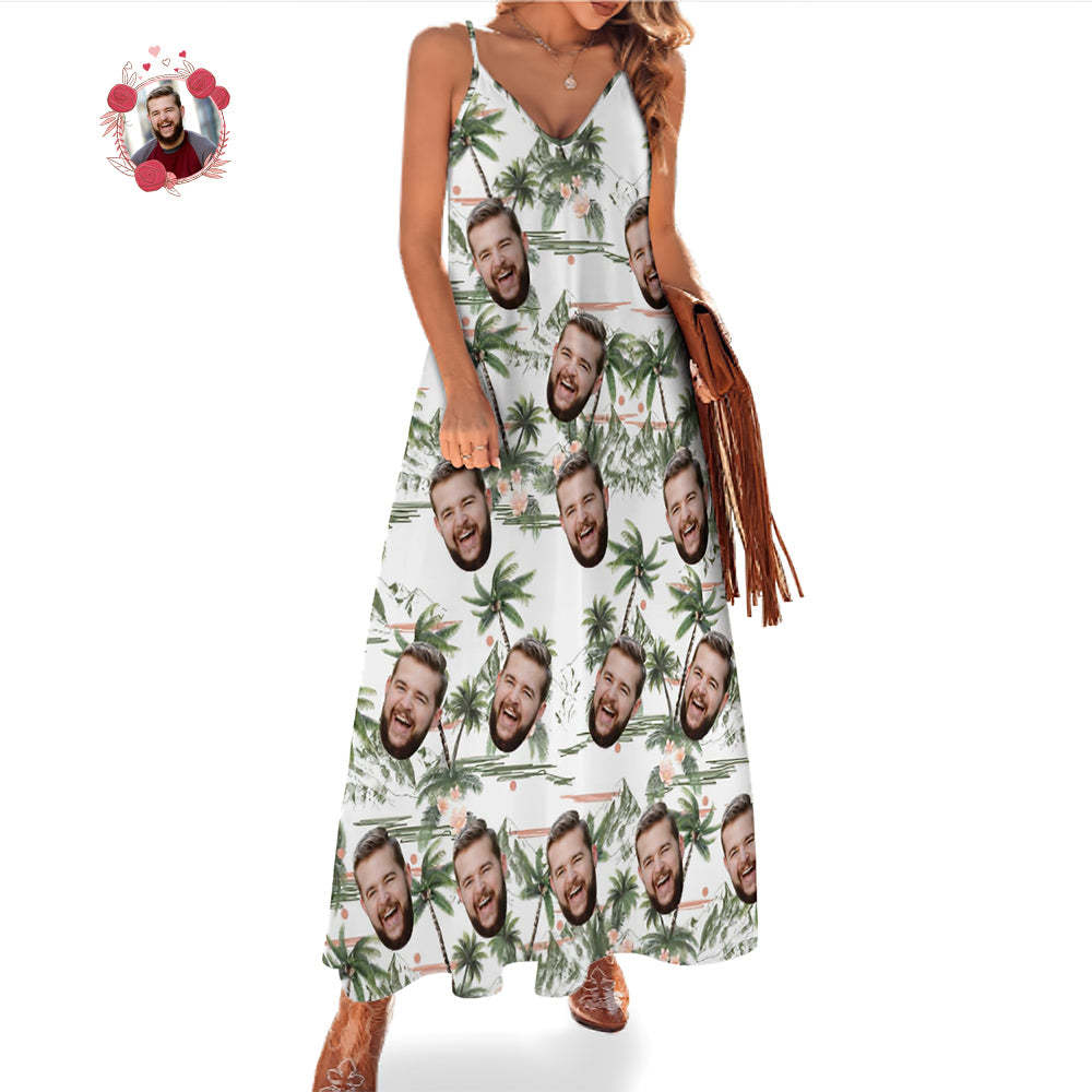 Custom Face Hawaiian Style Coconut Tree Long Dress And Shirt Couple Outfit - MyFaceSocks