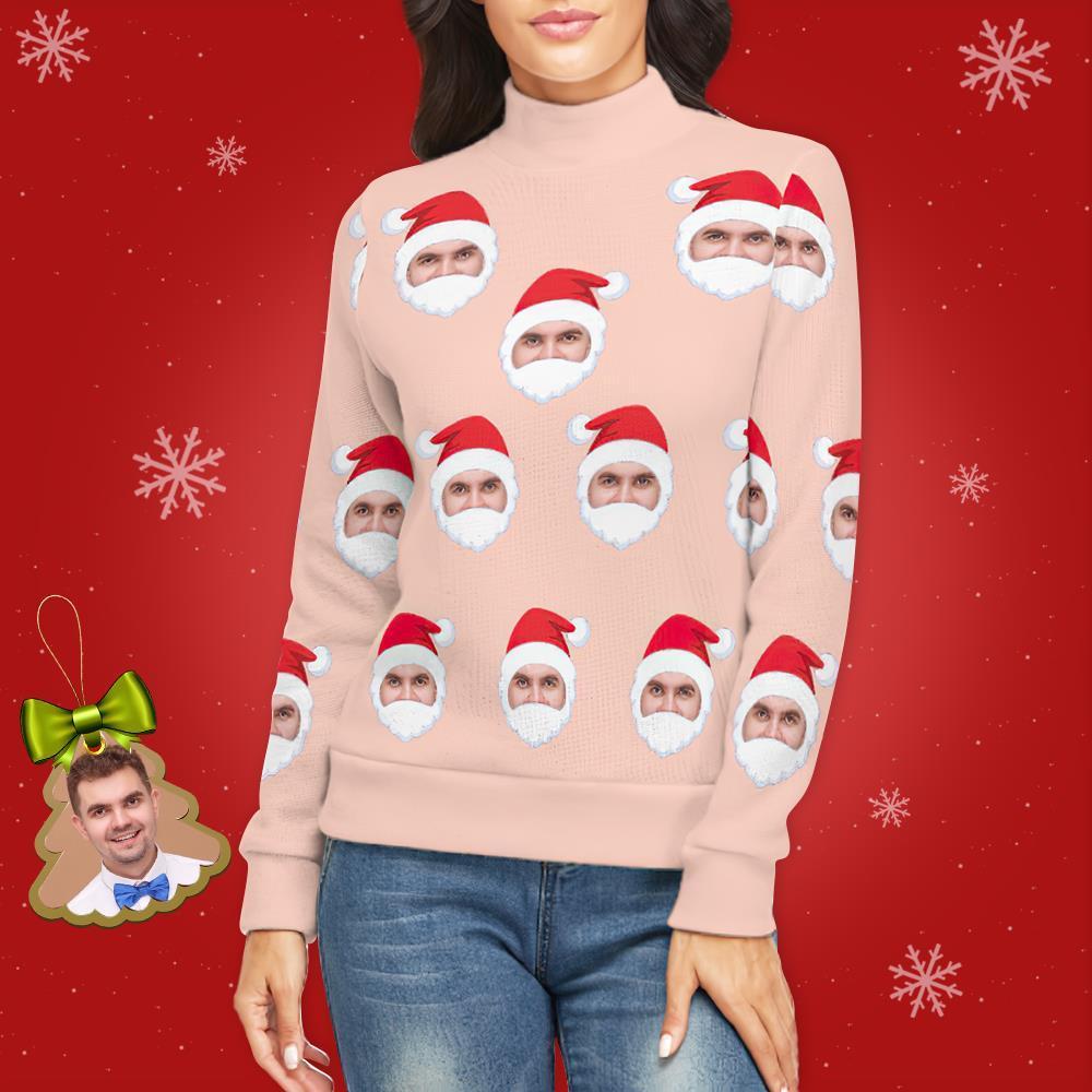 Custom Face Turtleneck for Women Ugly Christmas Sweater Knitted Loose Pullovers - Santa Claus - MyFaceSocksEU