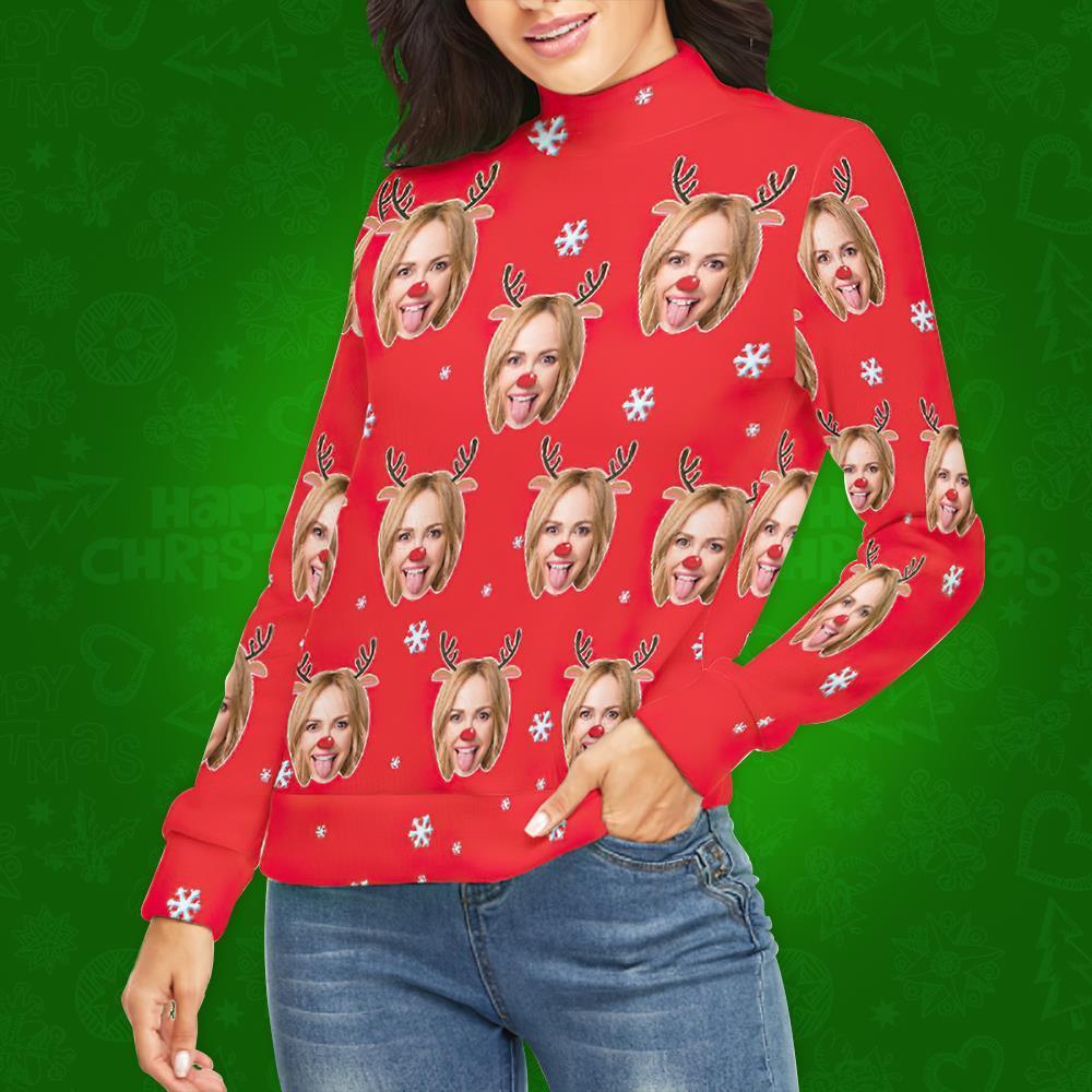 Custom Face Turtleneck for Women Ugly Christmas Sweater Knitted Loose Pullovers - Reindeer - MyFaceSocksEU