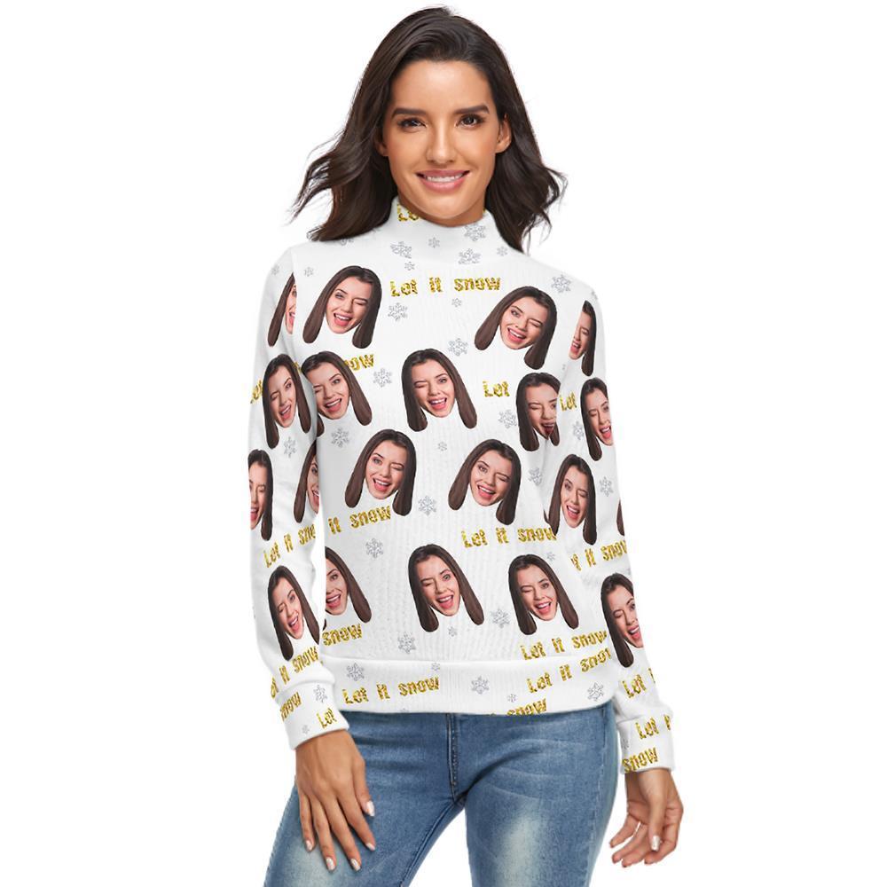 Custom Face Turtleneck for Women Ugly Christmas Sweater Knitted Loose Pullovers - Let it Snow - MyFaceSocksEU