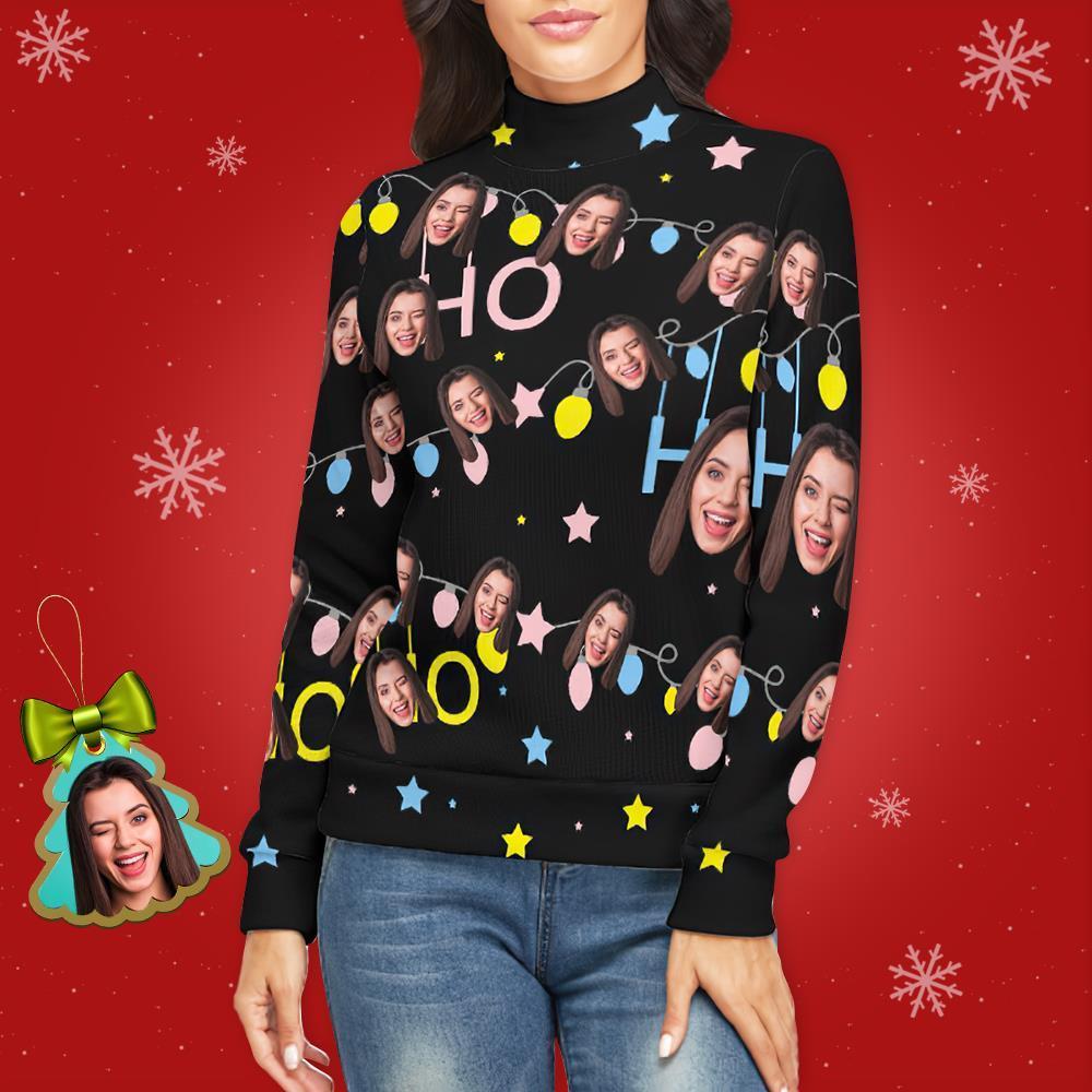 Custom Face Turtleneck for Women Ugly Christmas Sweater Knitted Loose Pullovers - Christmas Lights - MyFaceSocksEU