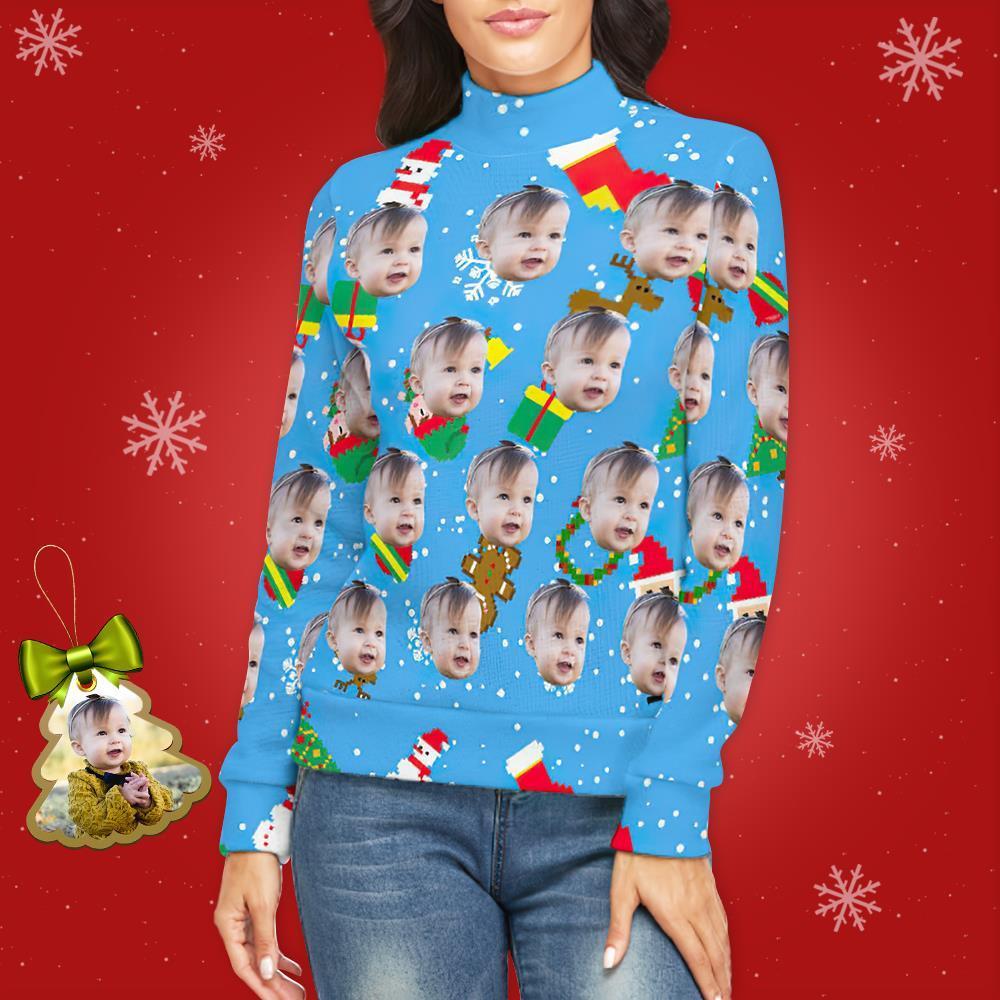 Custom Face Turtleneck for Women Ugly Christmas Sweater Knitted Loose Pullovers - Ice Blue - MyFaceSocksEU