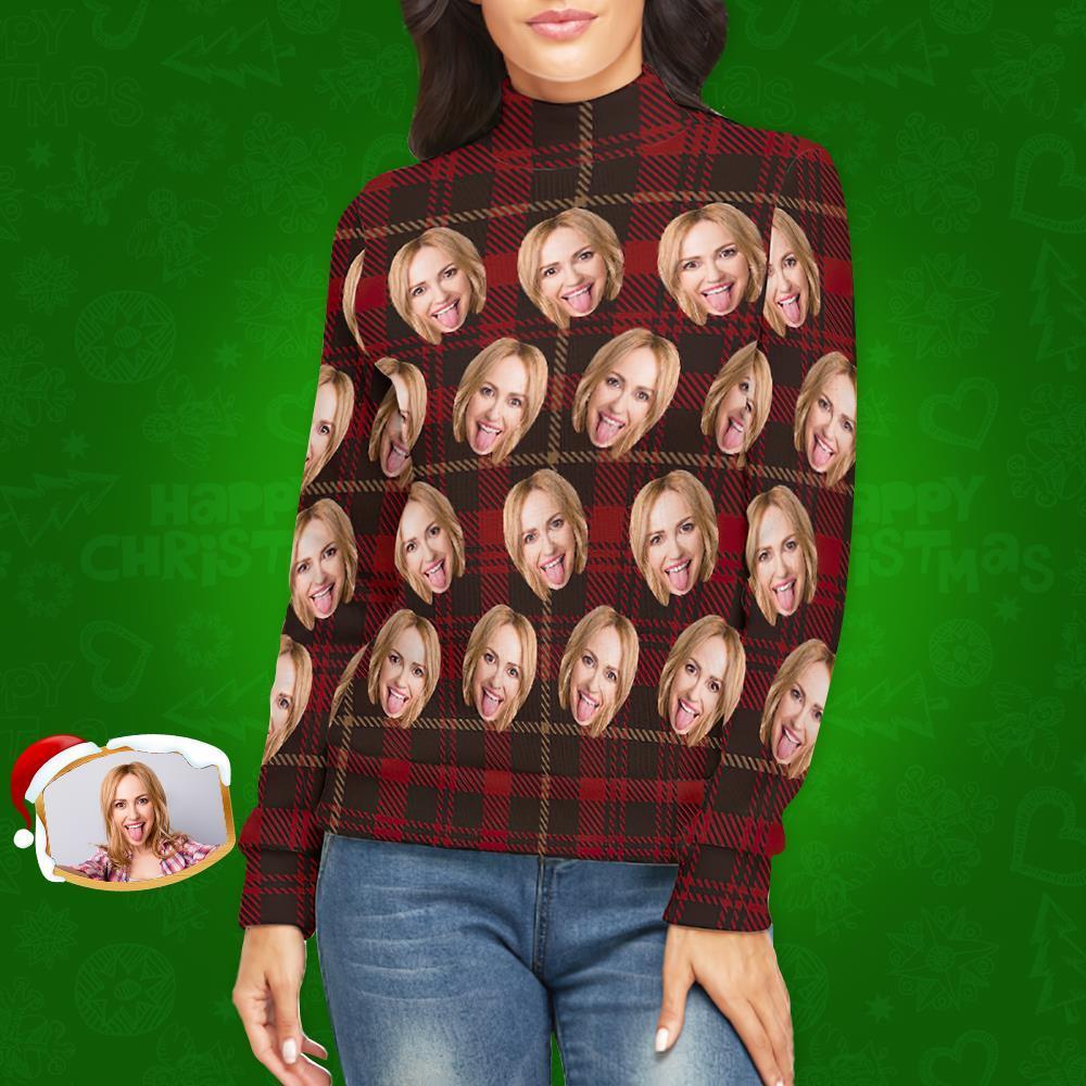 Custom Face Turtleneck for Women Ugly Christmas Sweater Knitted Loose Pullovers - Classic Red Plaid - MyFaceSocksEU