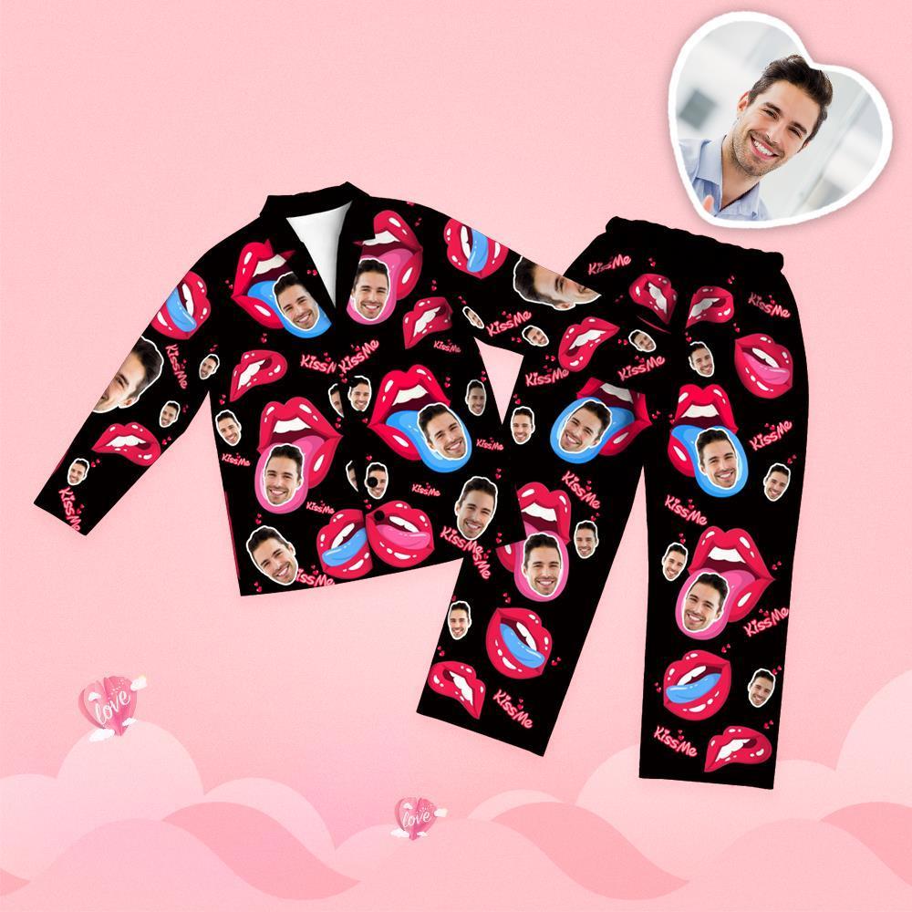 Valentine's Day Custom Face Tongue Kiss Printed Long Sleeve Pajamas Set