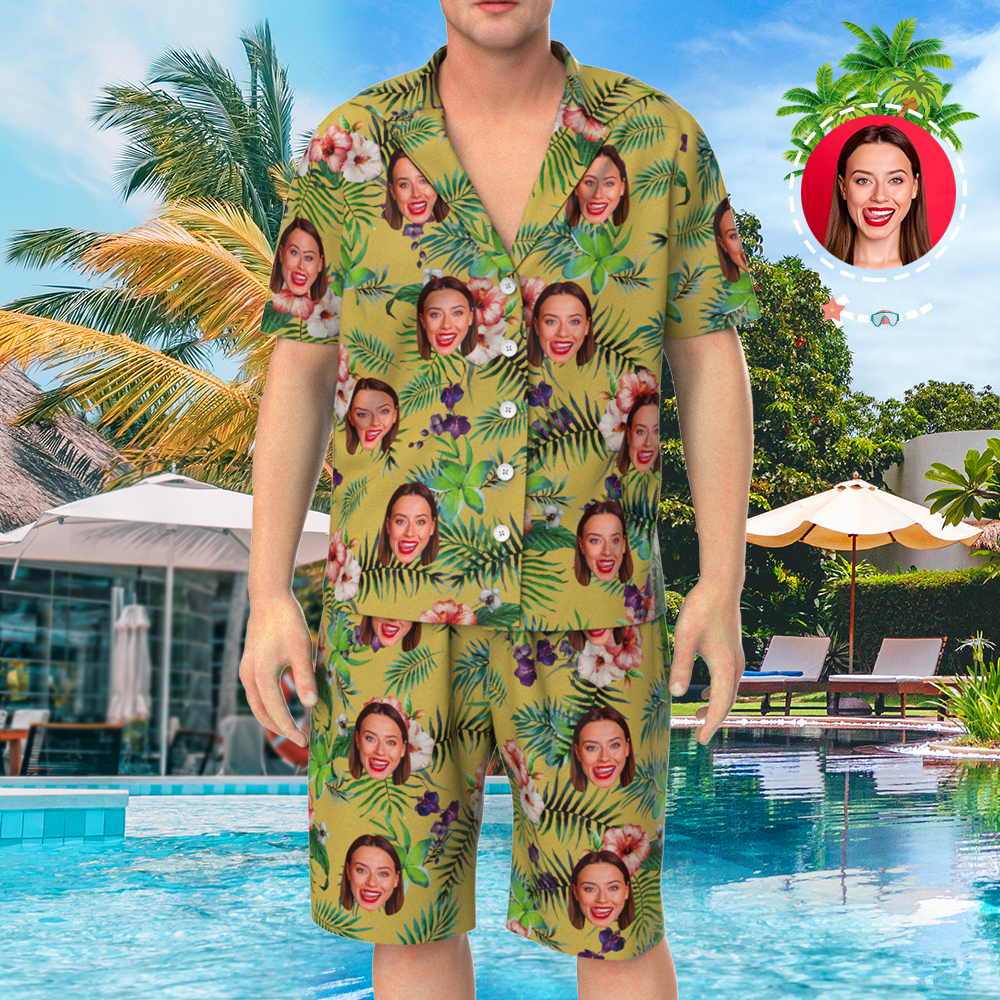 Custom Face On Pajamas Set, Short Sleeve Sleepwear, Button-Down Nightwear - Yellow - MyFaceSocksEU