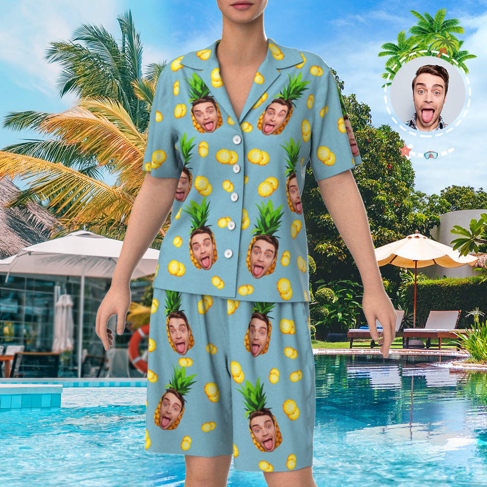 Custom Face On Pajamas Set, Short Sleeve Sleepwear, Button-Down Nightwear - Pineapple - MyFaceSocksEU