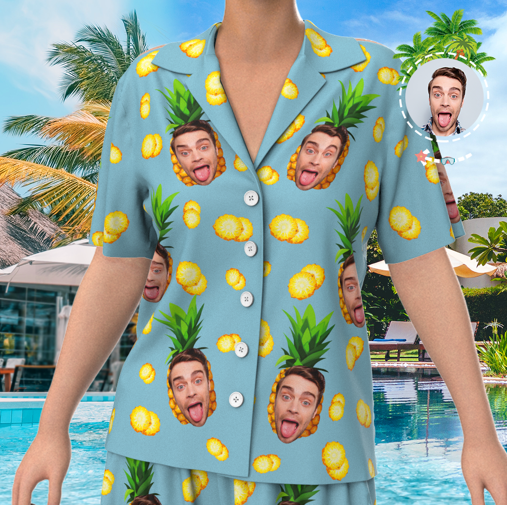 Custom Face On Pajamas Set, Short Sleeve Sleepwear, Button-Down Nightwear - Pineapple - MyFaceSocksEU