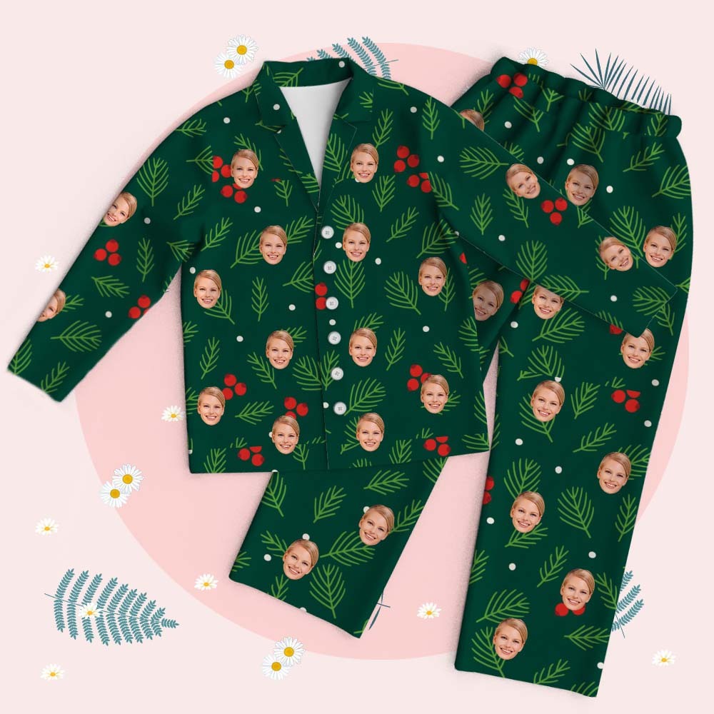 Custom Face Long Sleeve Sleepwear Christmas Face Pajamas Personalized Photo Red Palm Leaves Pajamas Gift - myfacesockseu